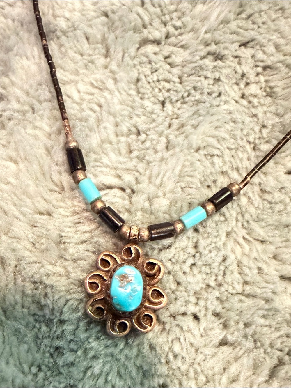 Vintage Southwestern Sterling Silver Turquoise Floral Pendant Necklace Signed MT